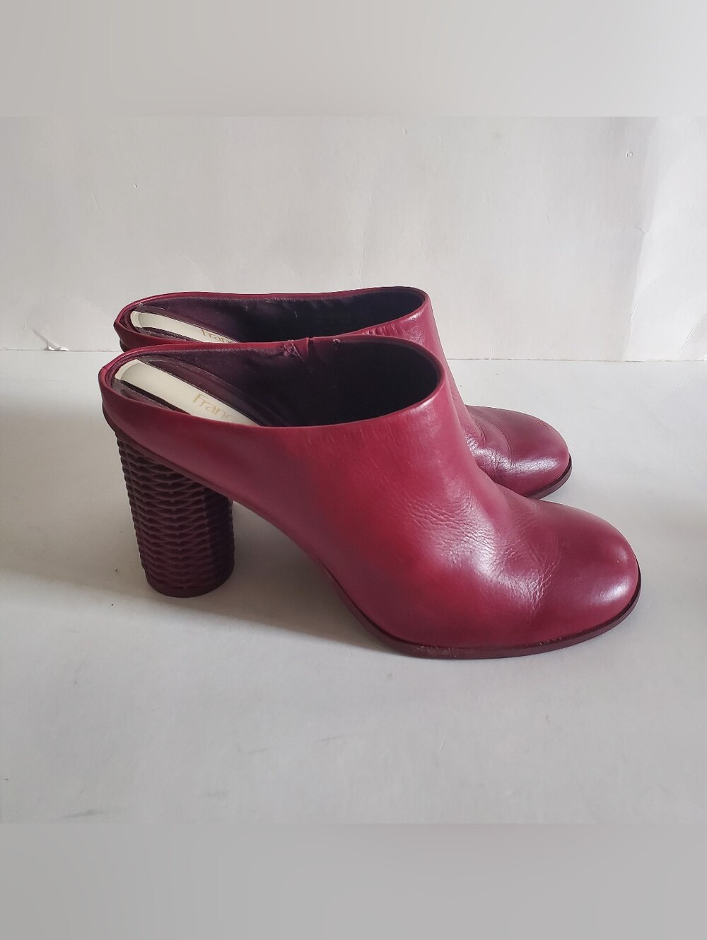 Franco Sarto Women's Cindy Red Leather Mules Cylindrical Block Heel Size 6.5